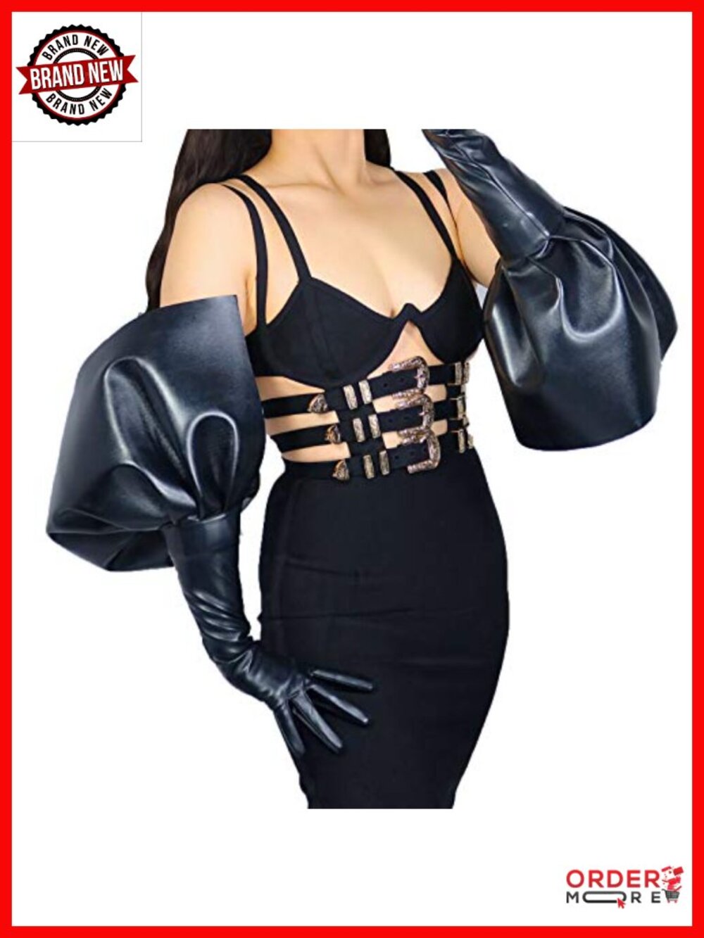 Extra Long Faux Leather Angel Wings Gloves with Ruffle Cuffs